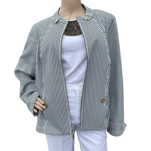 St. John Navy & White Striped Seersucker Nautical Mock-Neck Jacket – XL - Picture 10 of 12